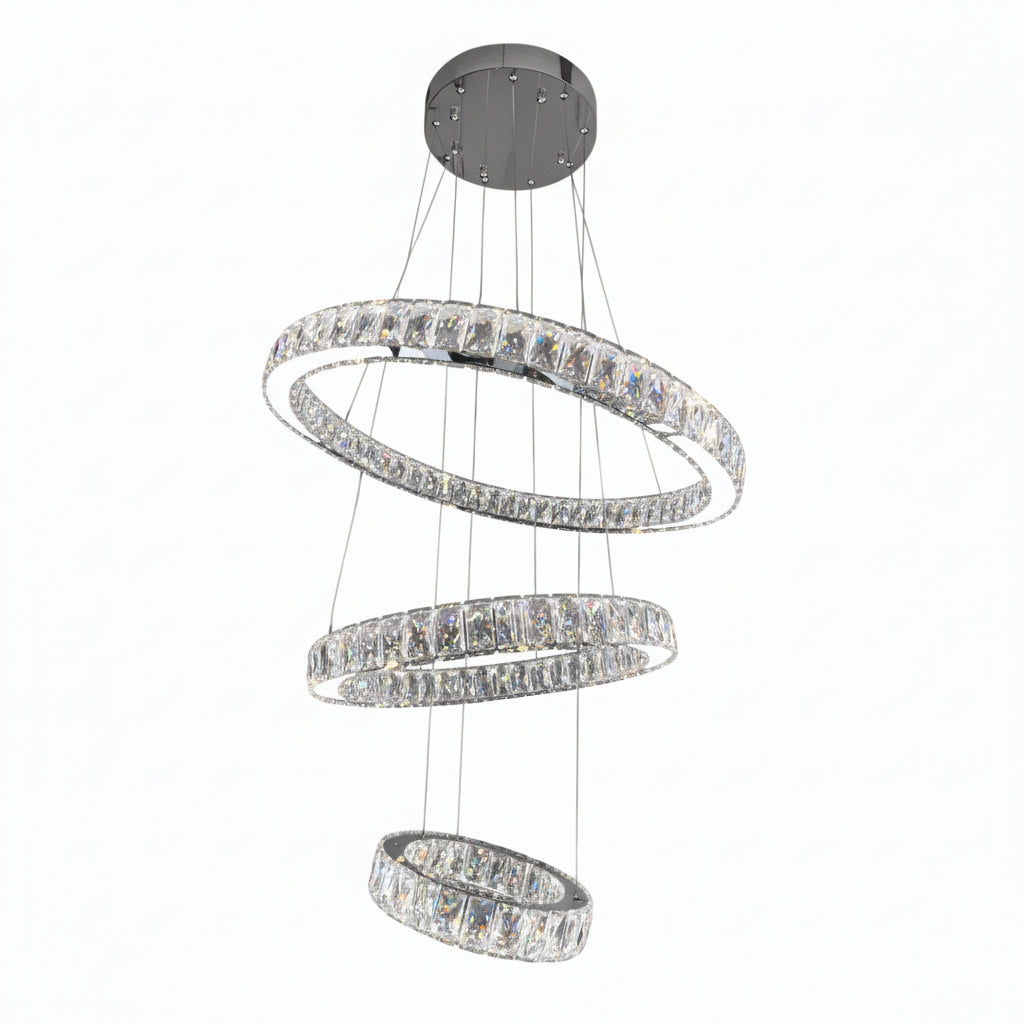 RING 3 Tier Crystal Pendant 70cm Chrome
