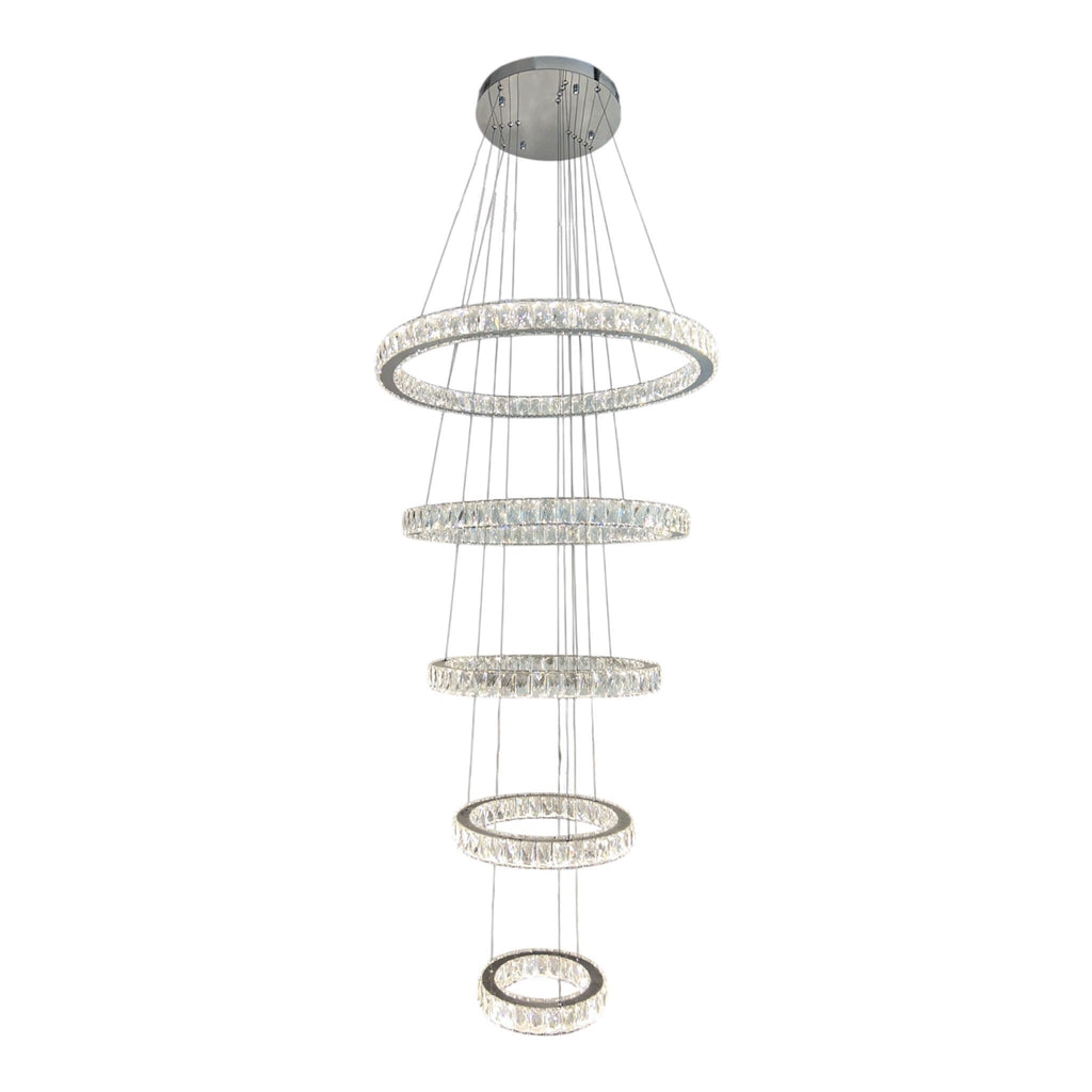 RING 5 Tier Crystal Pendant 80cm Chrome