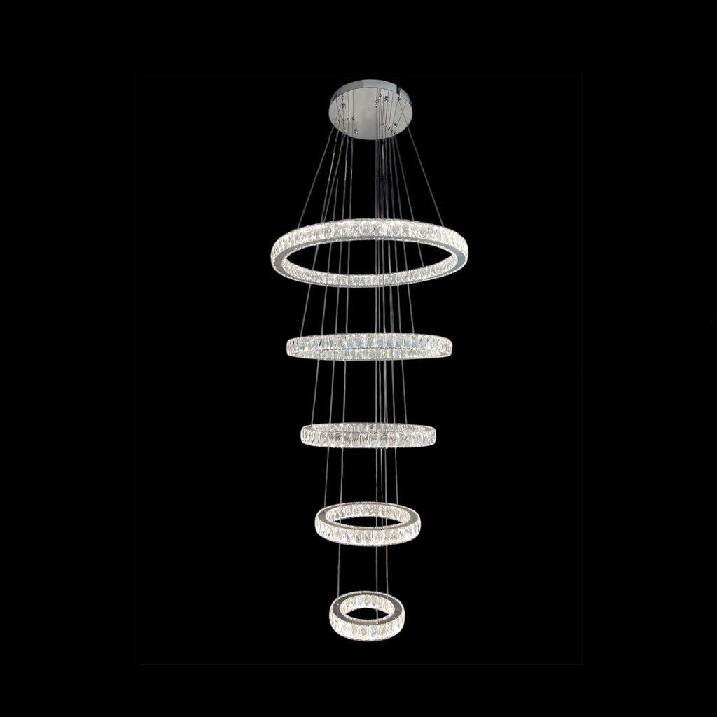 RING 5 Tier Crystal Pendant 80cm Chrome