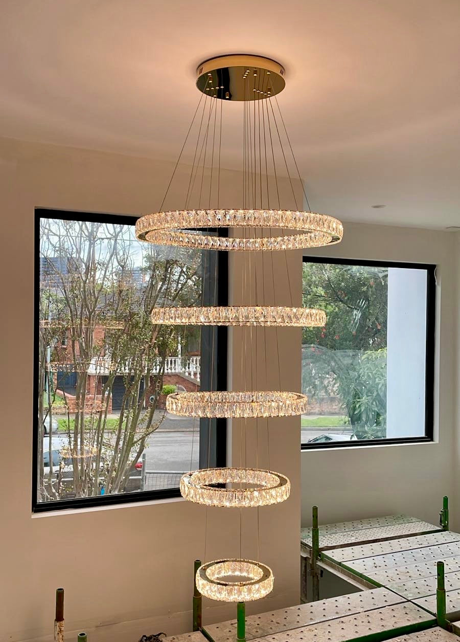 RING 5 Tier Crystal Pendant 80cm Gold