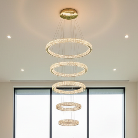 RING 5 Tier Crystal Pendant 80cm Gold