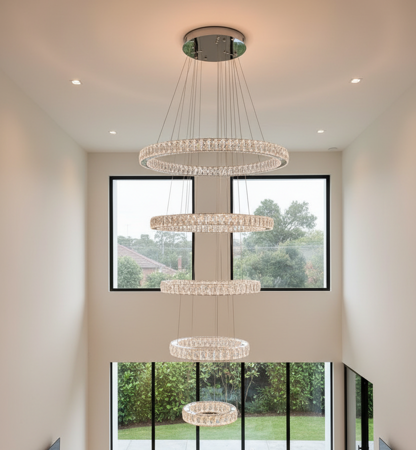 RING 5 Tier Crystal Pendant 80cm Chrome