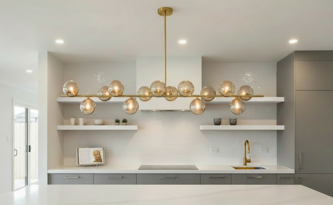 BUBBLES 14 Light Pendant Brass with Amber Glass