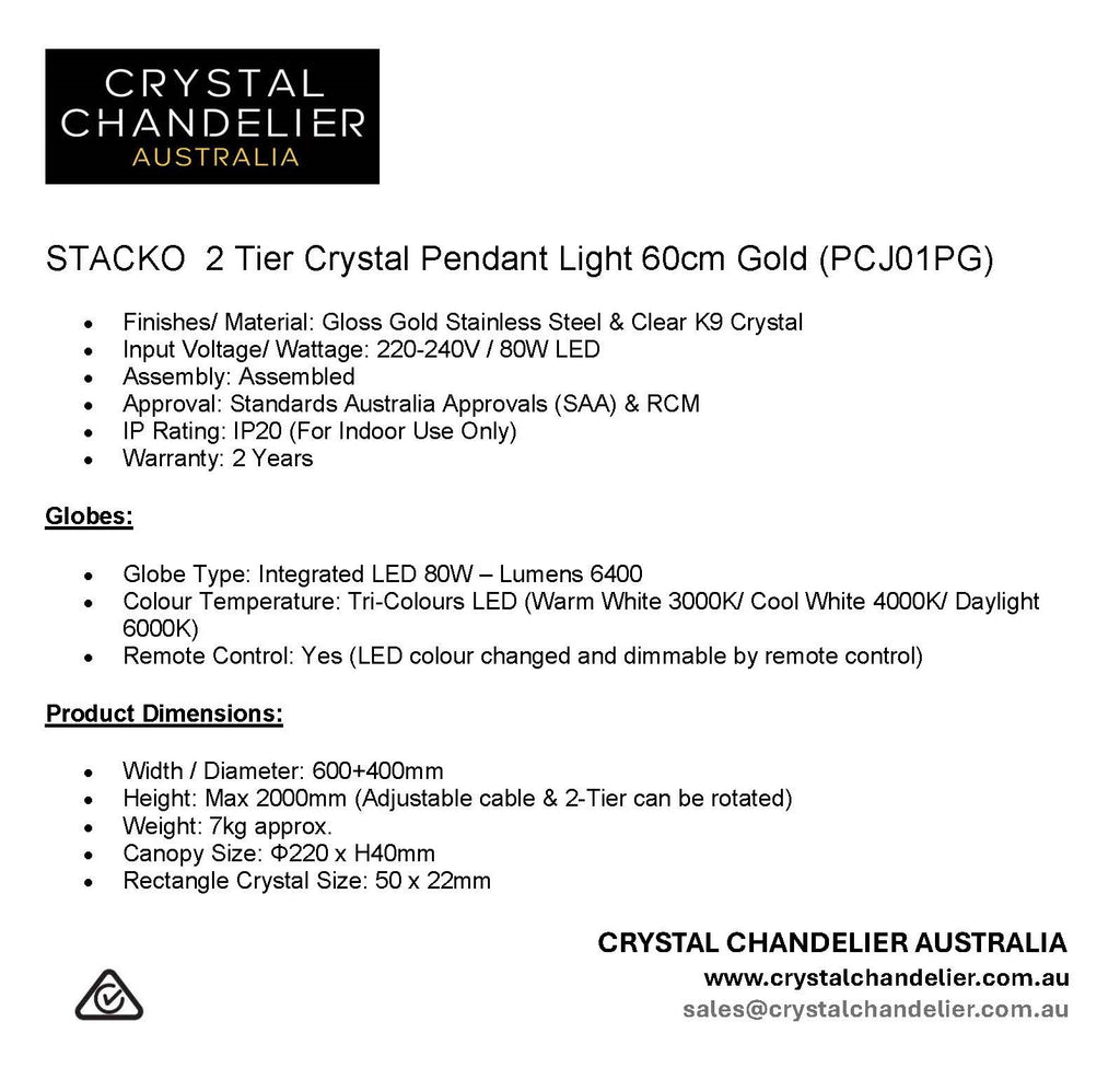 STACKO 2 Tier Crystal Pendant Light 60cm Gold