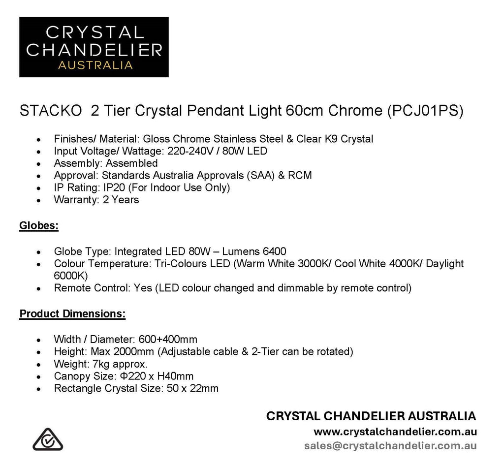 STACKO 2 Tier Crystal Pendant Light 60cm Chrome