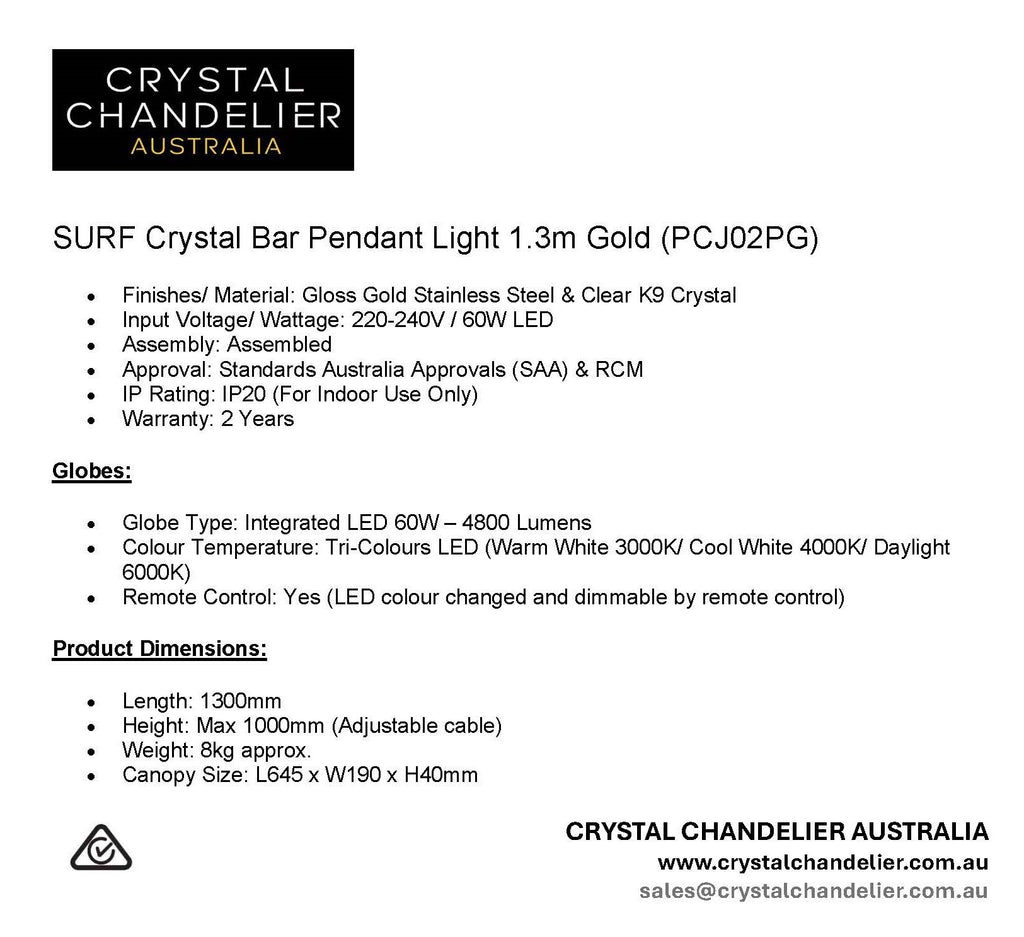 SURF Crystal Bar Pendant Light 1.3m Gold