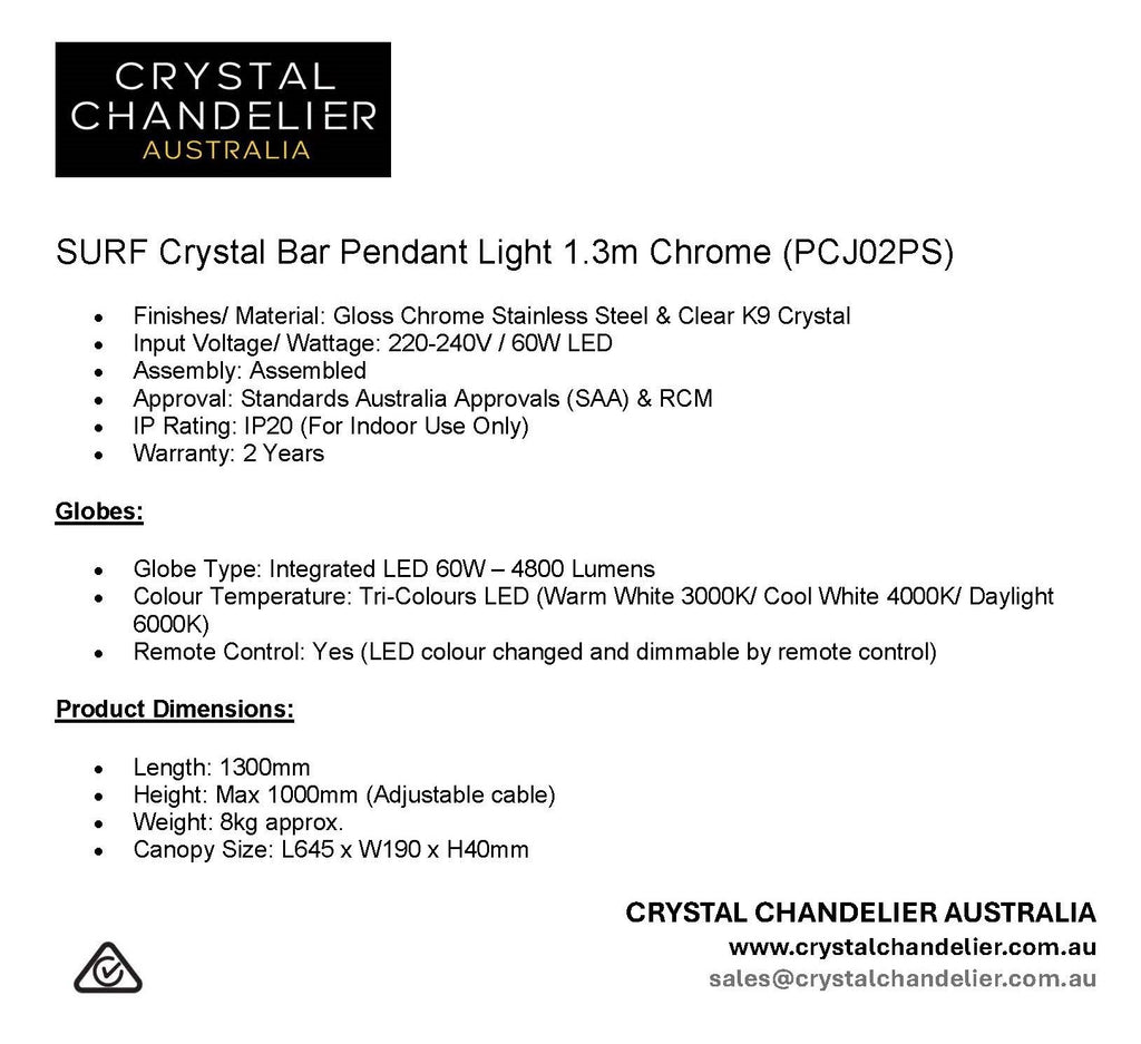 SURF Crystal Bar Pendant Light 1.3m Chrome