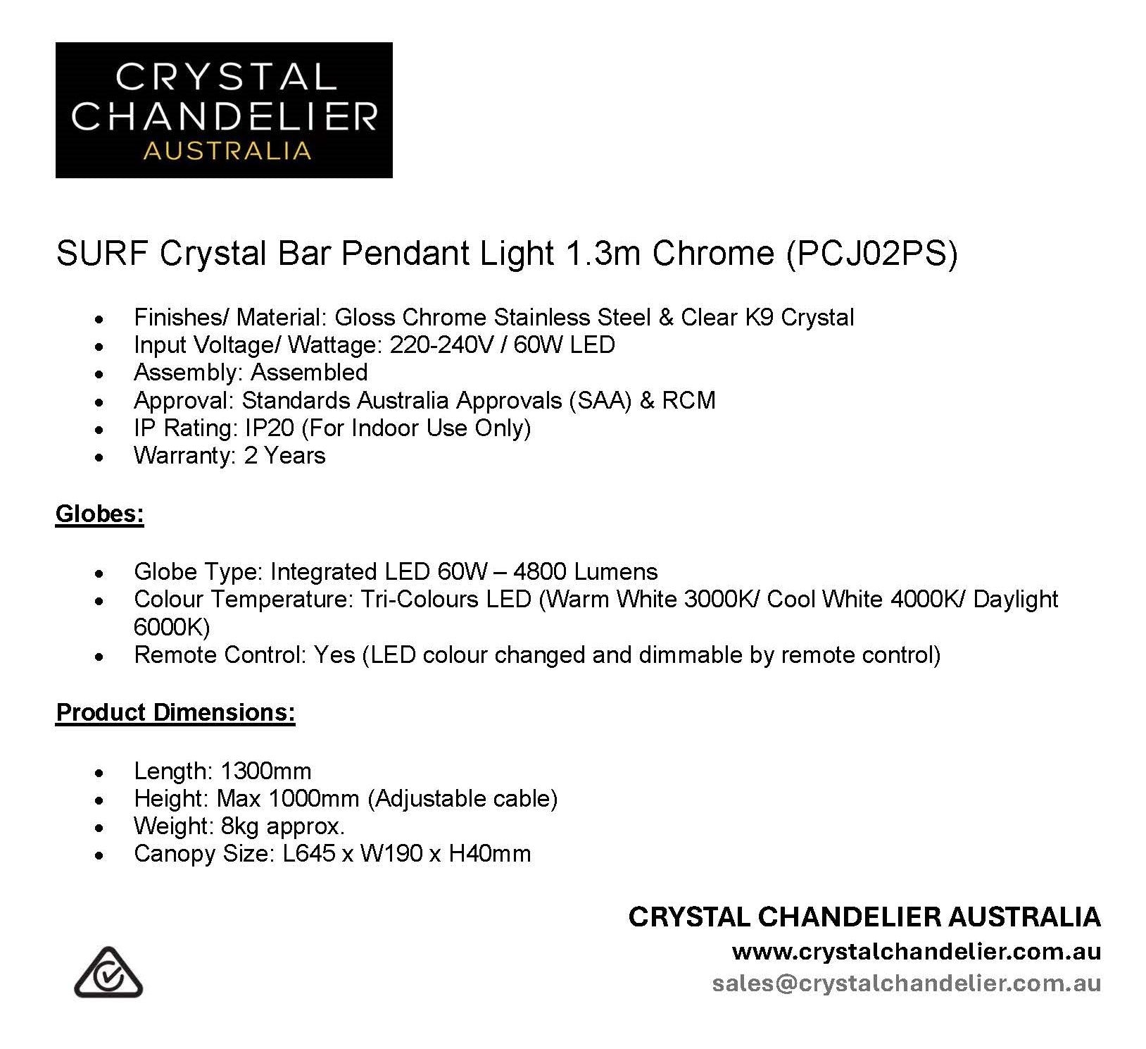 SURF Crystal Bar Pendant Light 1.3m Chrome