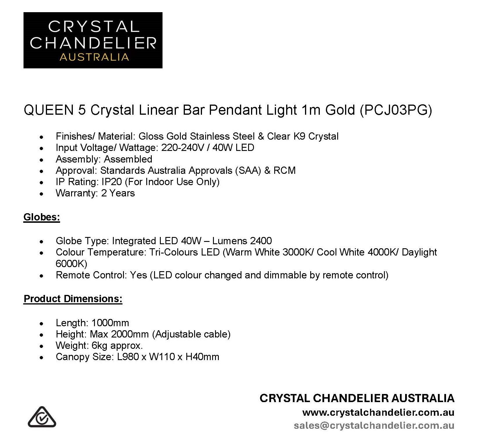QUEEN 5 Crystal Linear Bar Pendant Light 1m Gold