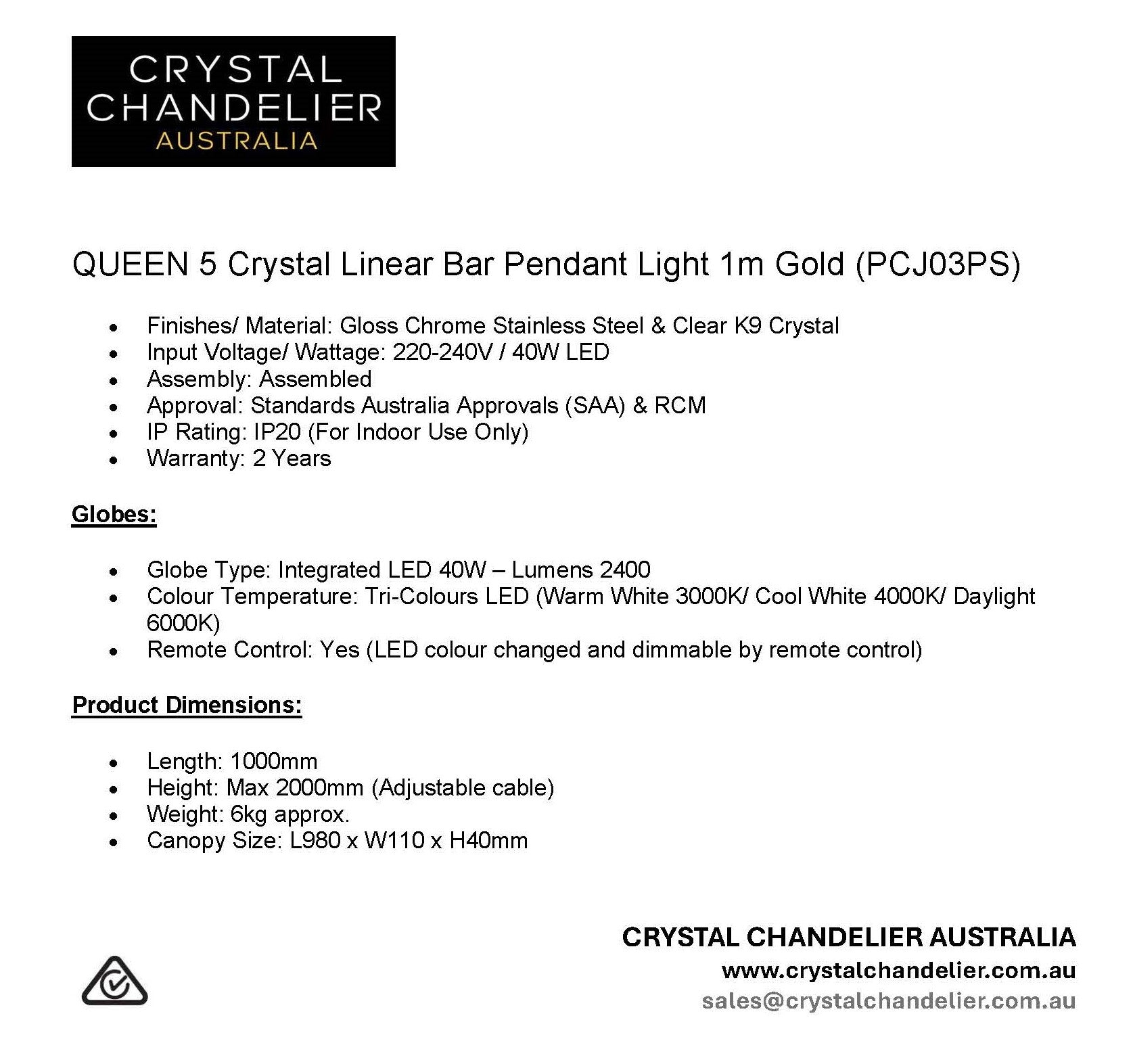 QUEEN 5 Crystal Linear Bar Pendant Light 1m Chrome