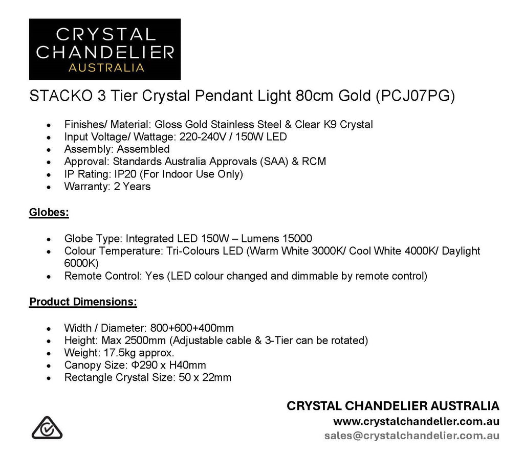 STACKO 3 Tier Crystal Pendant Light 80cm Gold