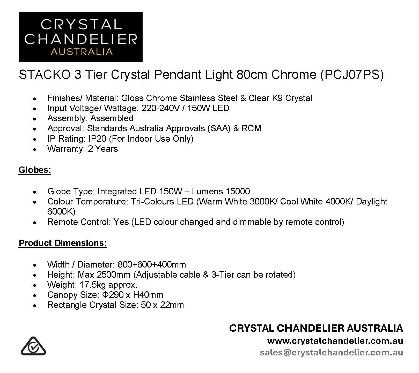 STACKO 3 Tier Crystal Pendant Light 80cm Chrome