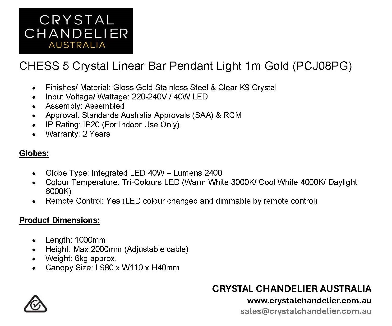 CHESS 5 Crystal Linear Bar Pendant Light 1m Gold