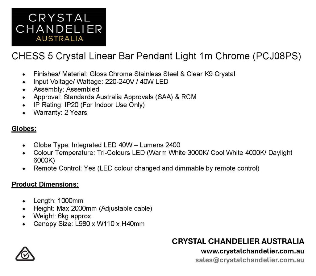 CHESS 5 Crystal Linear Bar Pendant Light 1m Chrome