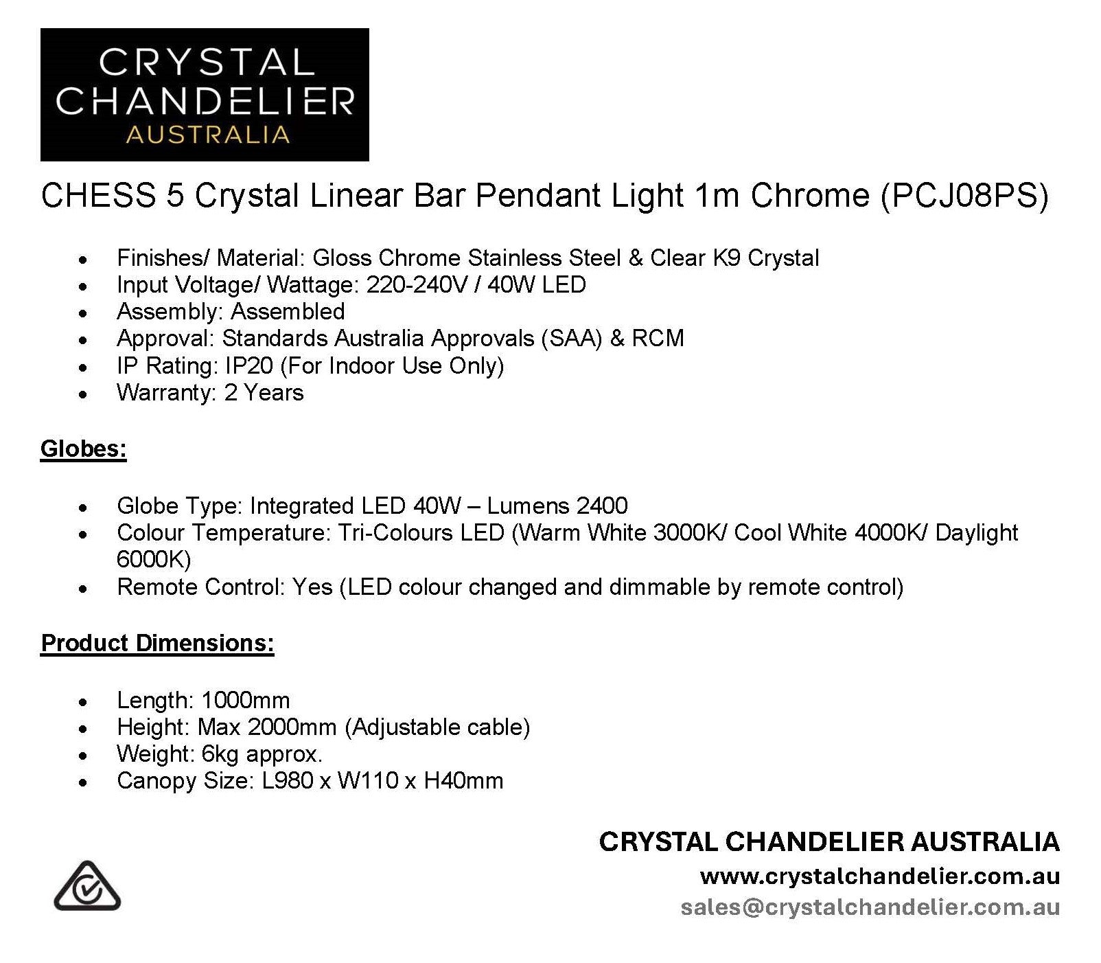 CHESS 5 Crystal Linear Bar Pendant Light 1m Chrome