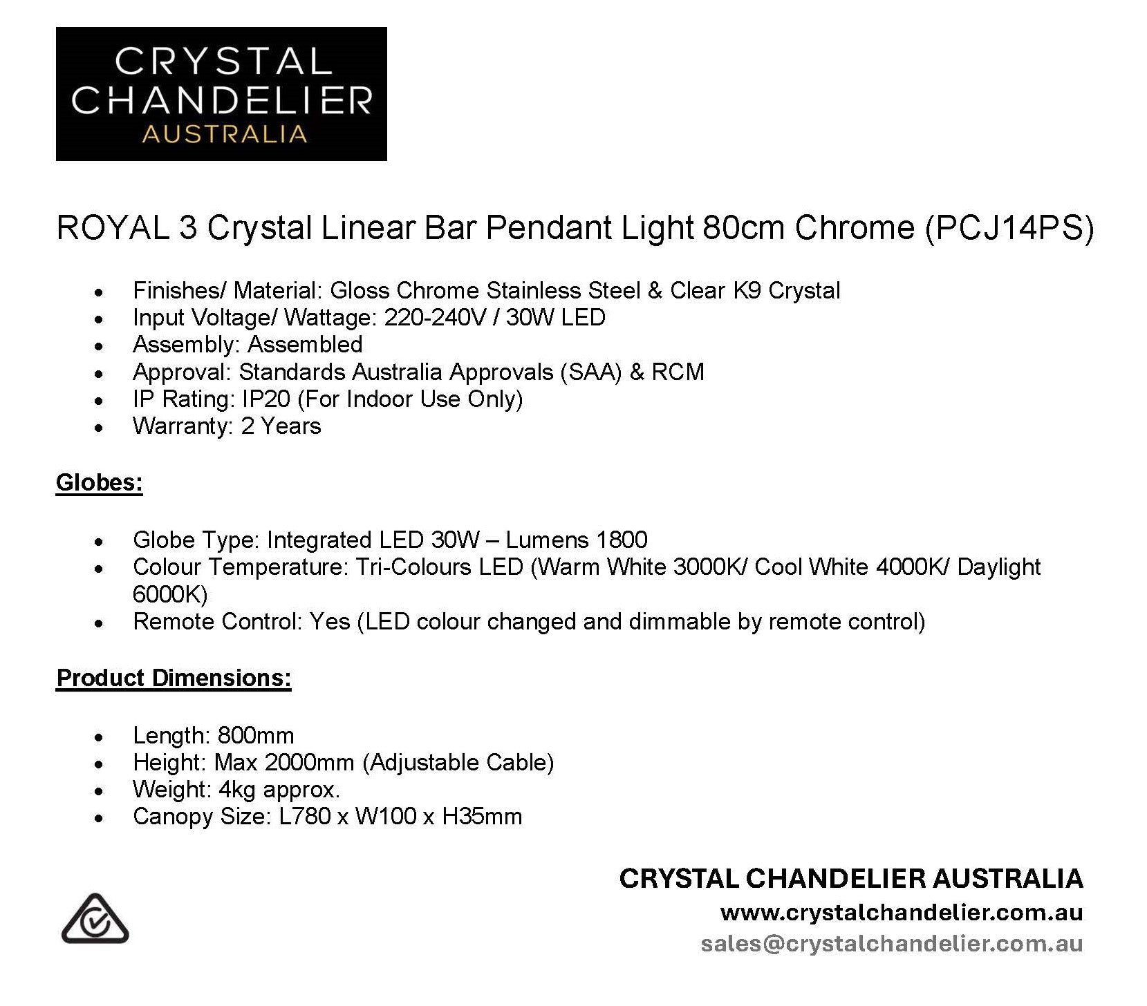 ROYAL 3 Crystal Linear Bar Pendant Light 80cm Chrome