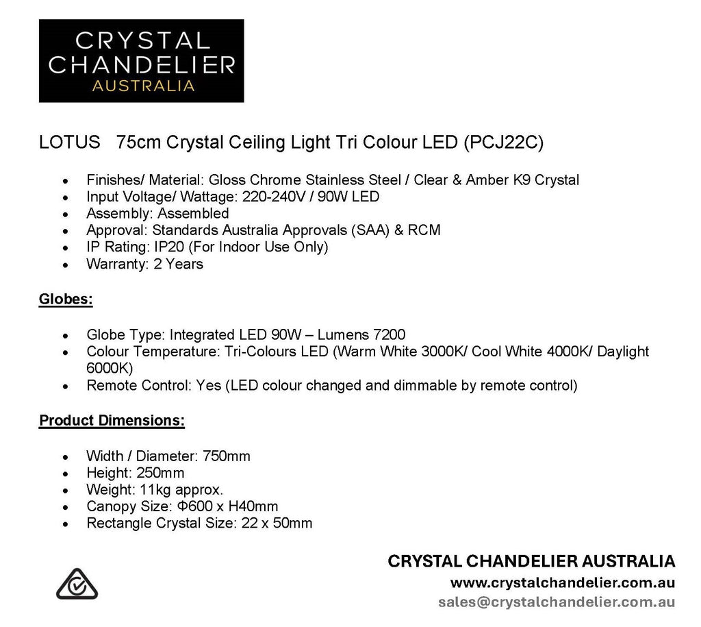 LOTUS 75cm Crystal Ceiling Light Tri Colour LED