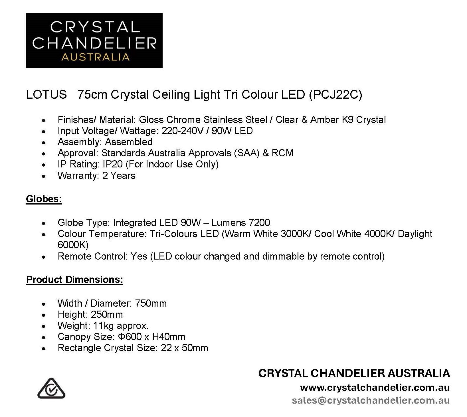 LOTUS 75cm Crystal Ceiling Light Tri Colour LED