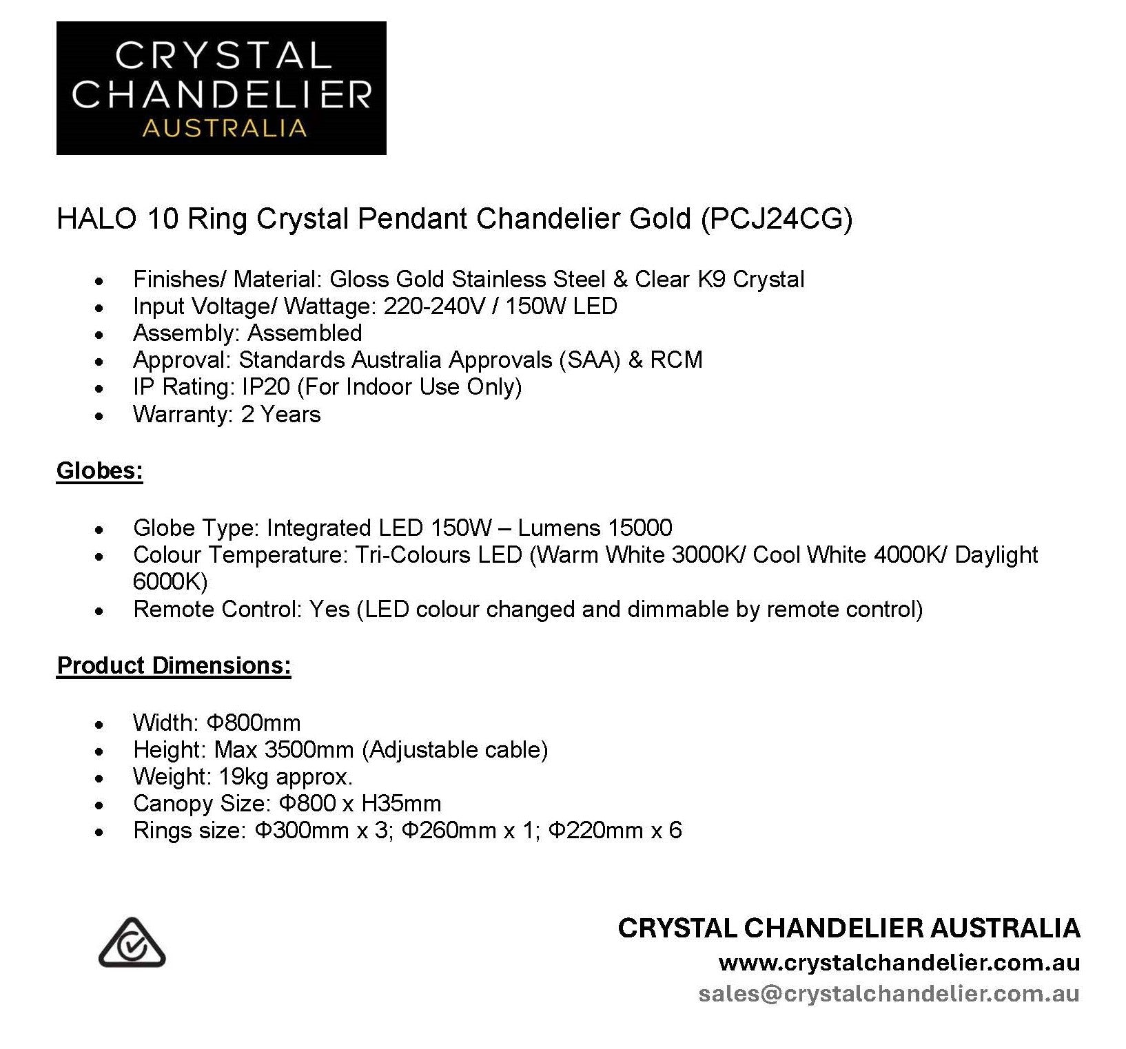 HALO 10 Ring Crystal Pendant Chandelier Gold
