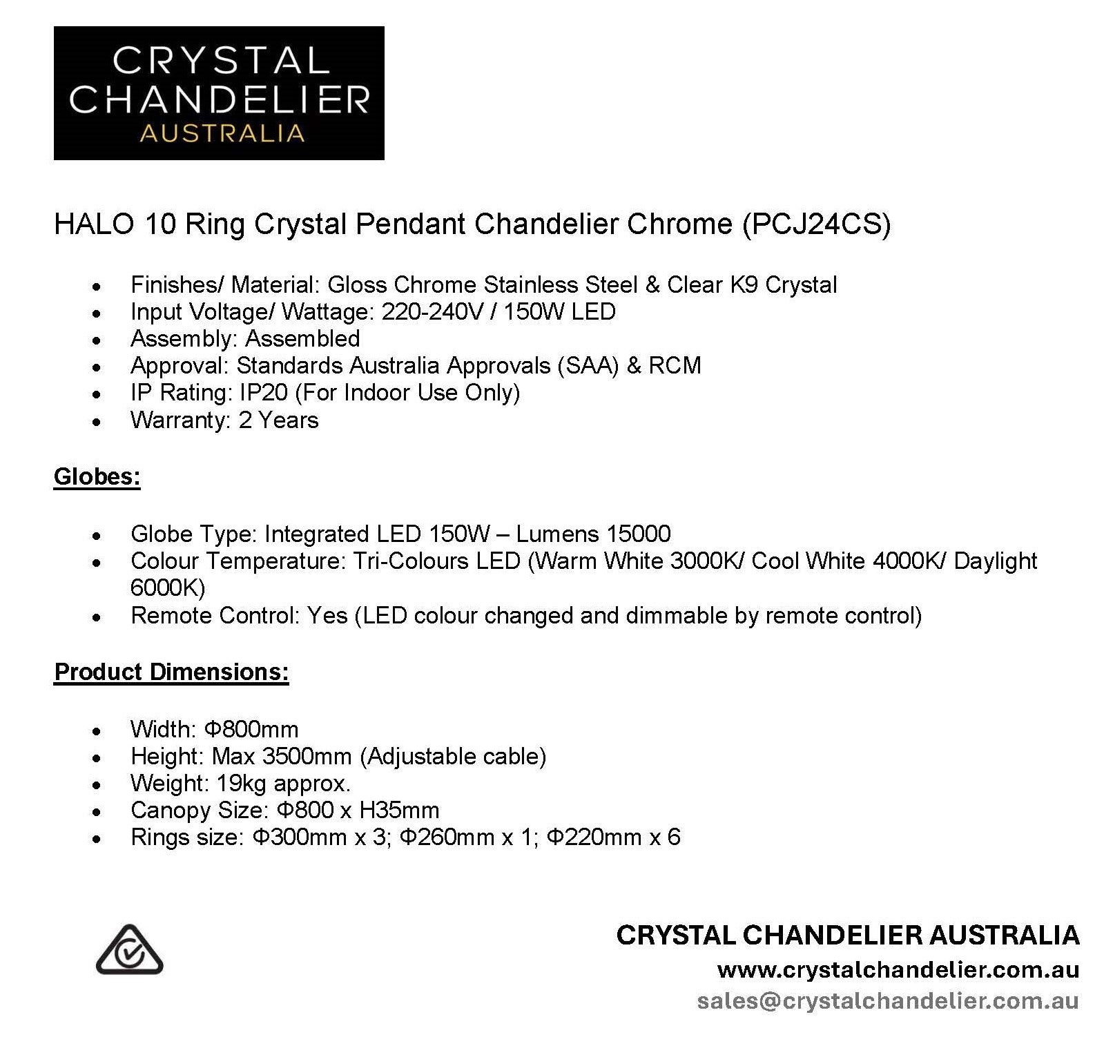 HALO 10 Ring Crystal Pendant Chandelier Chrome