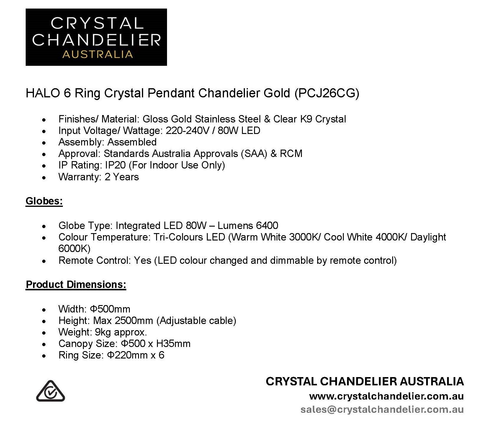 HALO 6 Ring Crystal Pendant Chandelier Gold