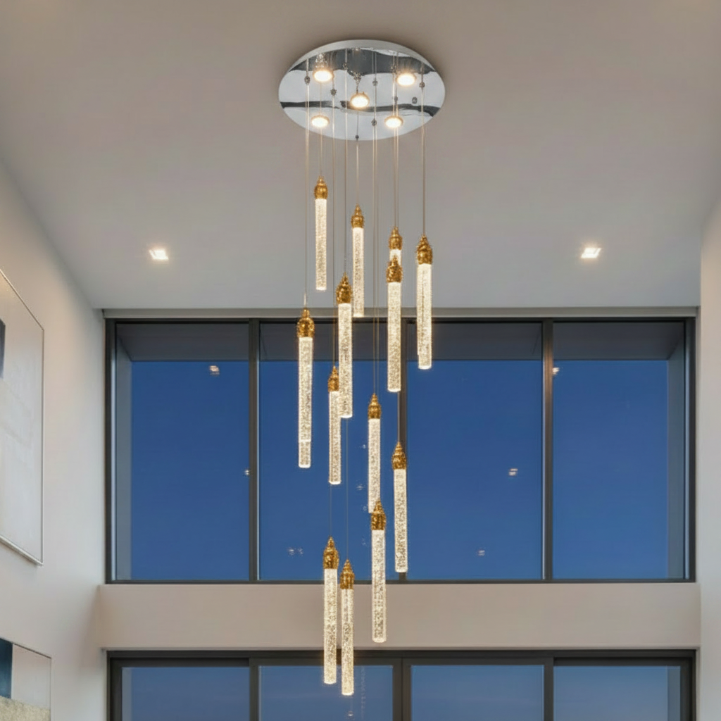 SPIRAL 15 Prism Crystal Pendant Chandelier Chrome Panel with 15 Gold Cups
