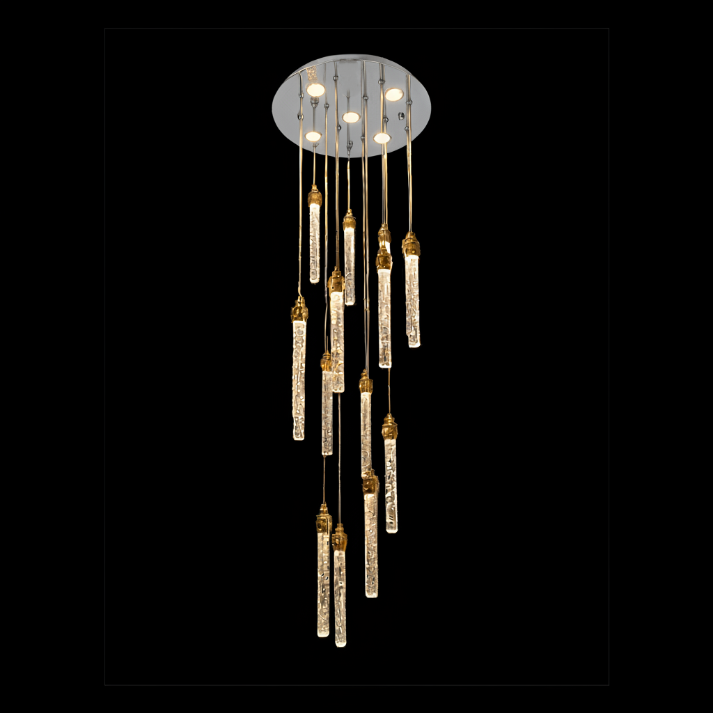 SPIRAL 15 Prism Crystal Pendant Chandelier Chrome Panel with 15 Gold Cups
