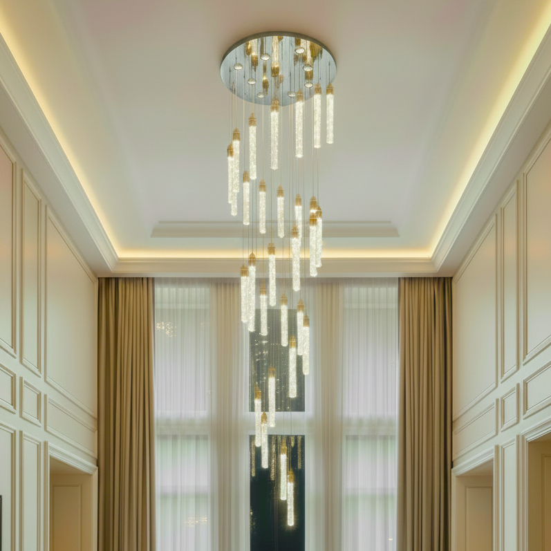 SPIRAL 30 Prism Crystal Pendant Chandelier Chrome Panel with 30 Gold Cups