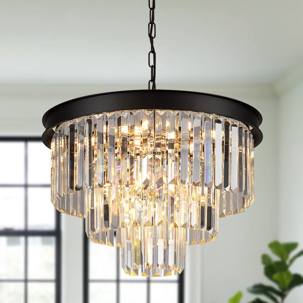 SERINI 50cm 6 Light 3 Tier Crystal Chandelier Black