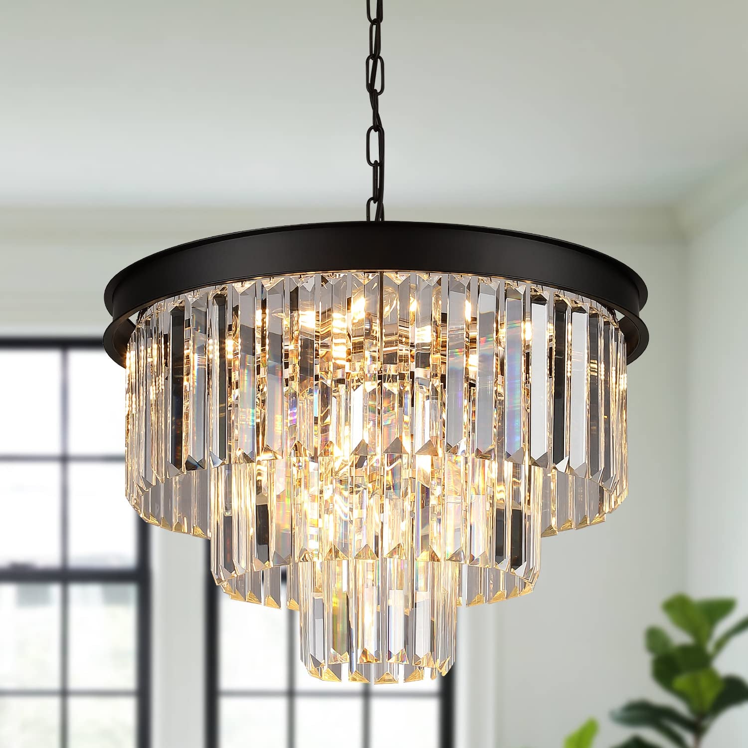 SERINI 50cm 6 Light 3 Tier Crystal Chandelier Black