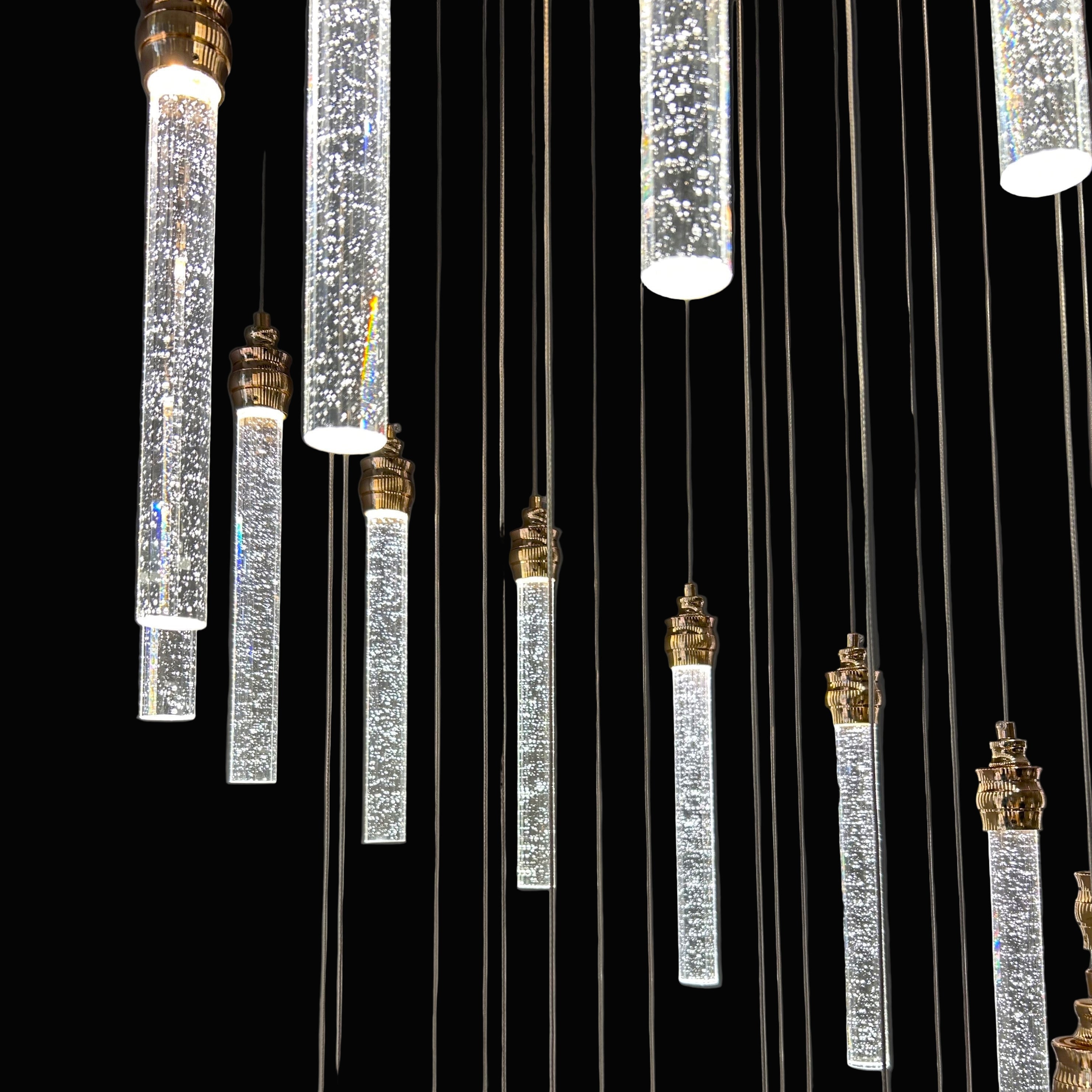 SPIRAL 30 Prism Crystal Pendant Chandelier Chrome Panel with 30 Gold Cups