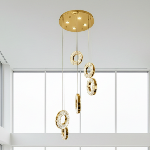 HALO 6 Ring Crystal Pendant Chandelier Gold