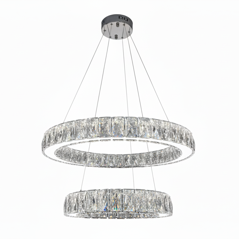 RING 2 Tier Crystal Pendant 50cm Chrome