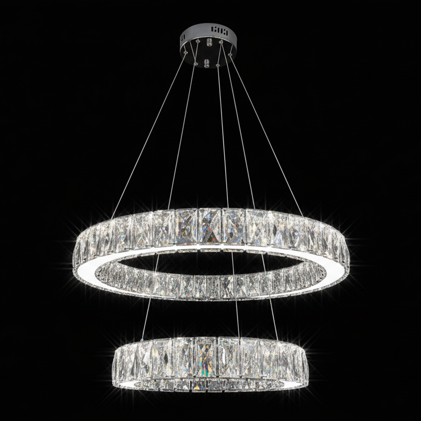 RING 2 Tier Crystal Pendant 50cm Chrome