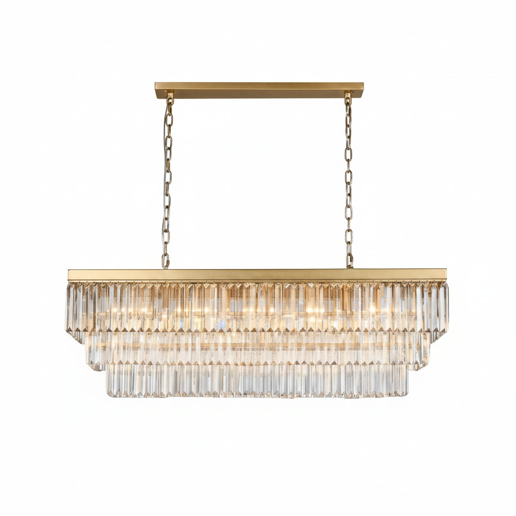 SERINI 15 Light Rectangle 3 Tier Crystal Chandelier 1m Brass