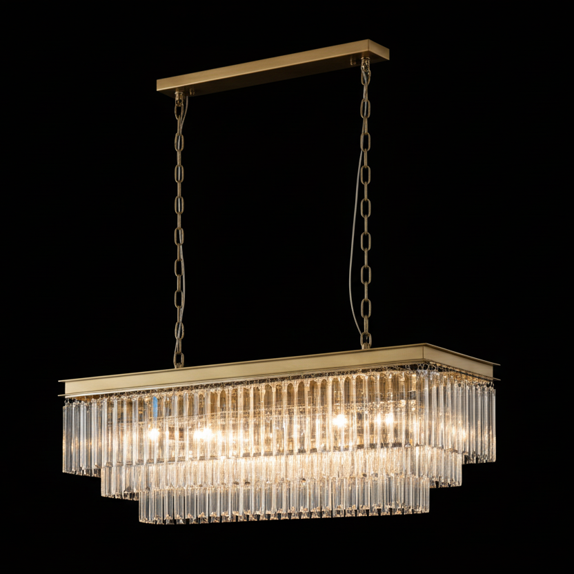 SERINI 15 Light Rectangle 3 Tier Crystal Chandelier 1m Brass