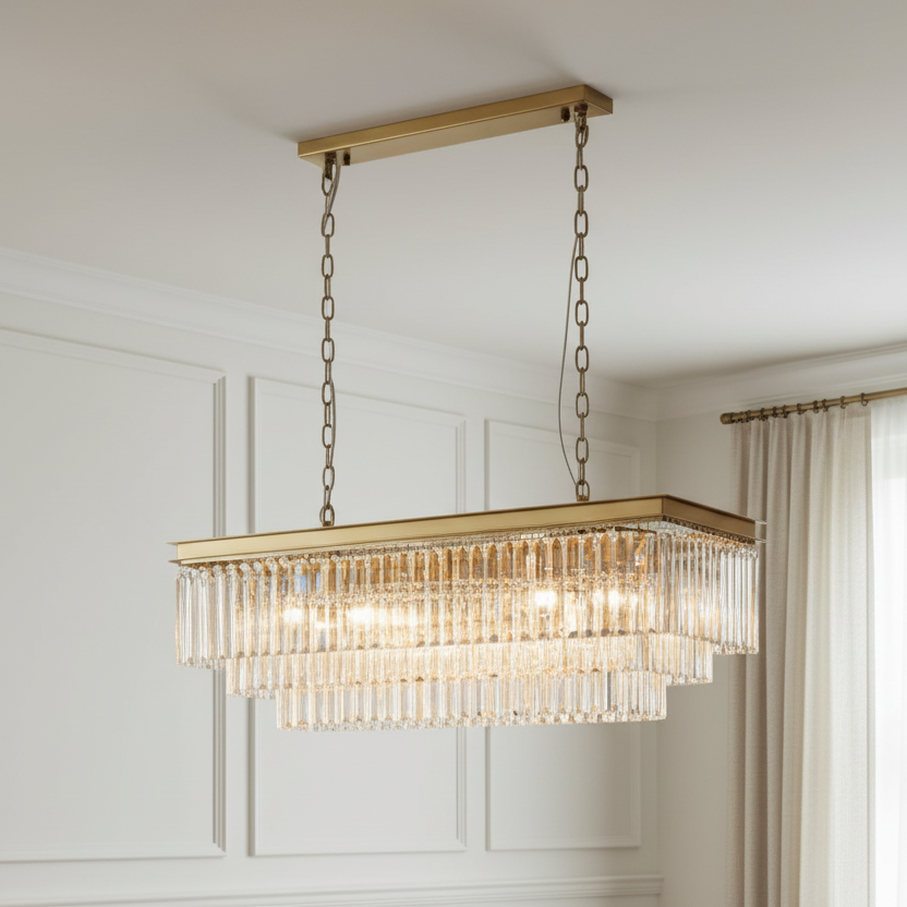 SERINI 15 Light Rectangle 3 Tier Crystal Chandelier 1m Brass