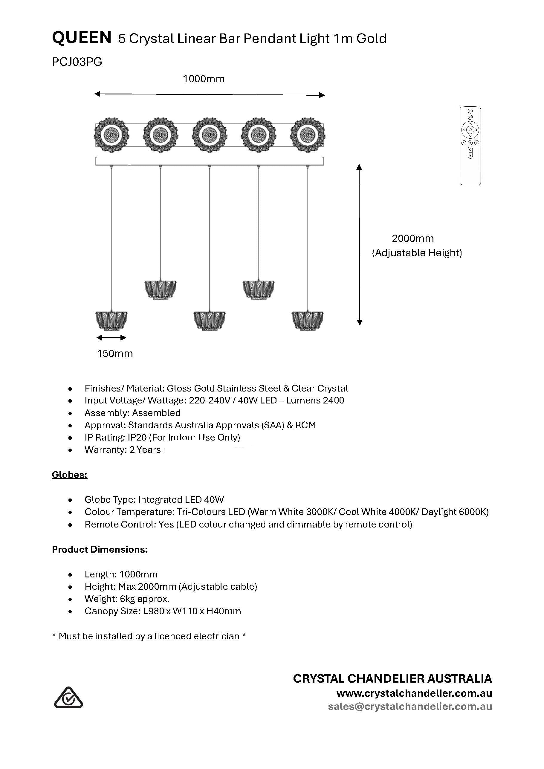 QUEEN 5 Crystal Linear Bar Pendant Light 1m Gold