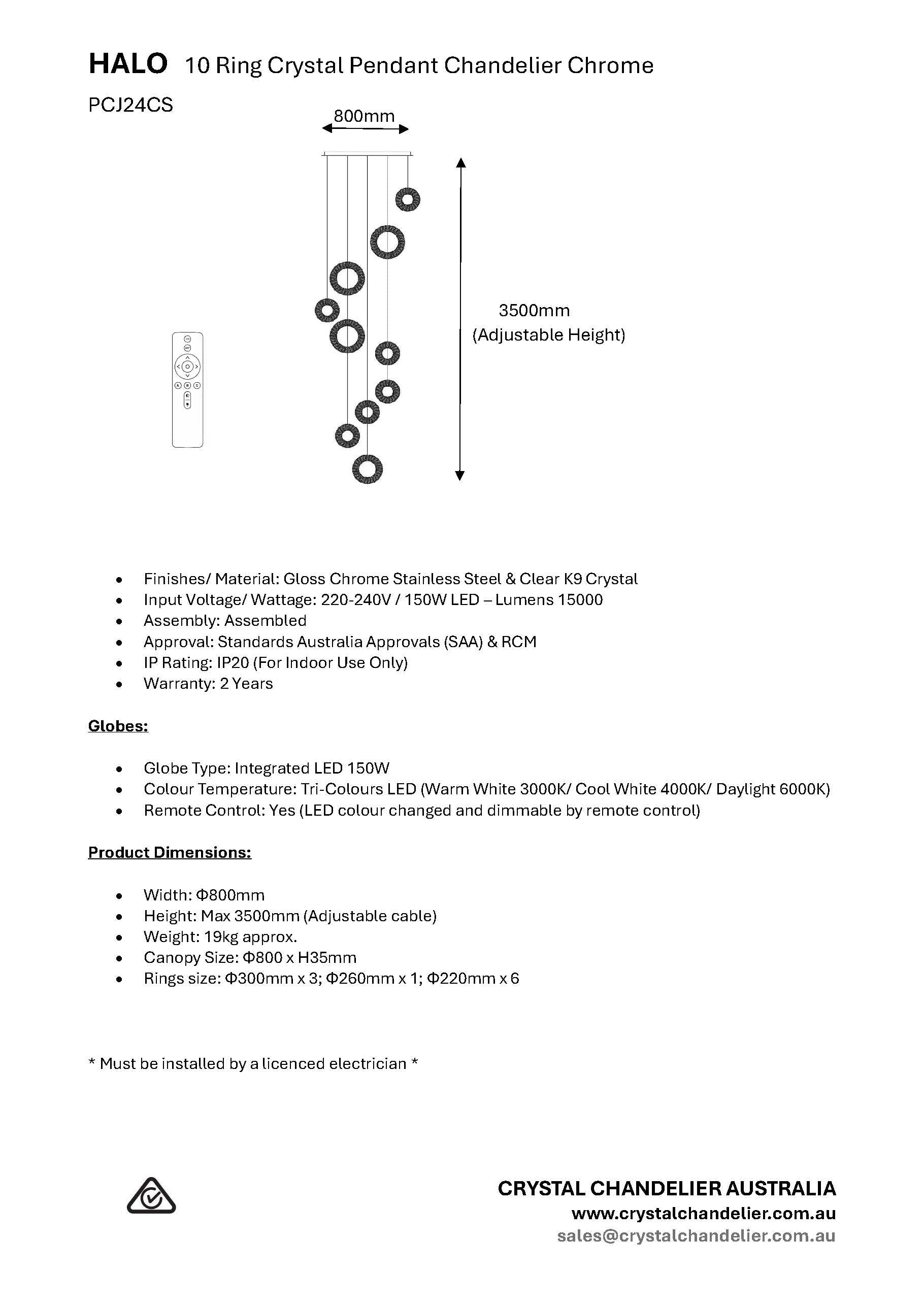HALO 10 Ring Crystal Pendant Chandelier Chrome