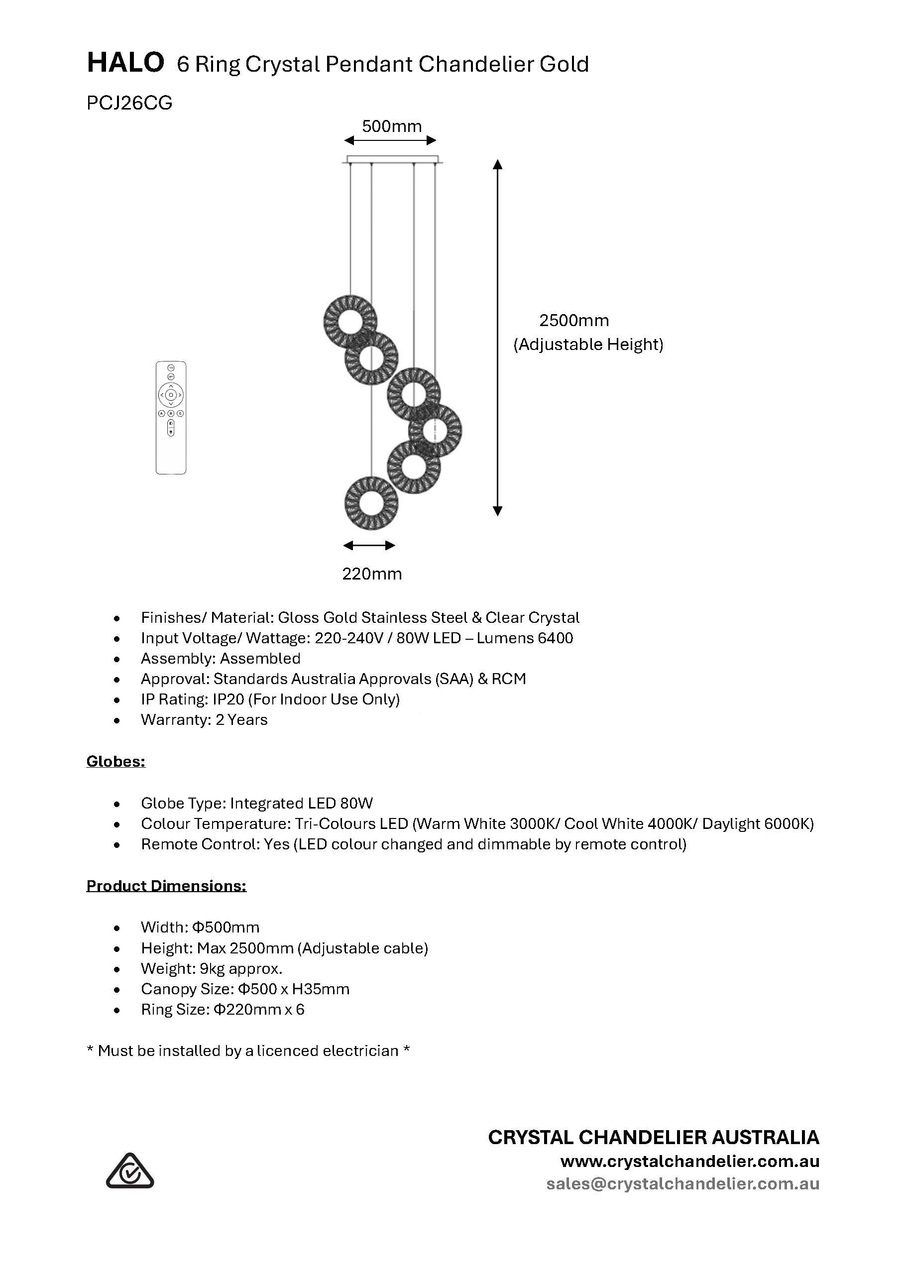 HALO 6 Ring Crystal Pendant Chandelier Gold