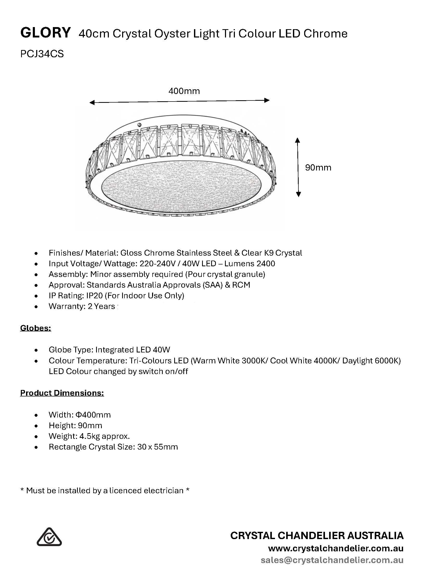 GLORY 40cm Crystal Oyster Light Tri Colour LED Chrome