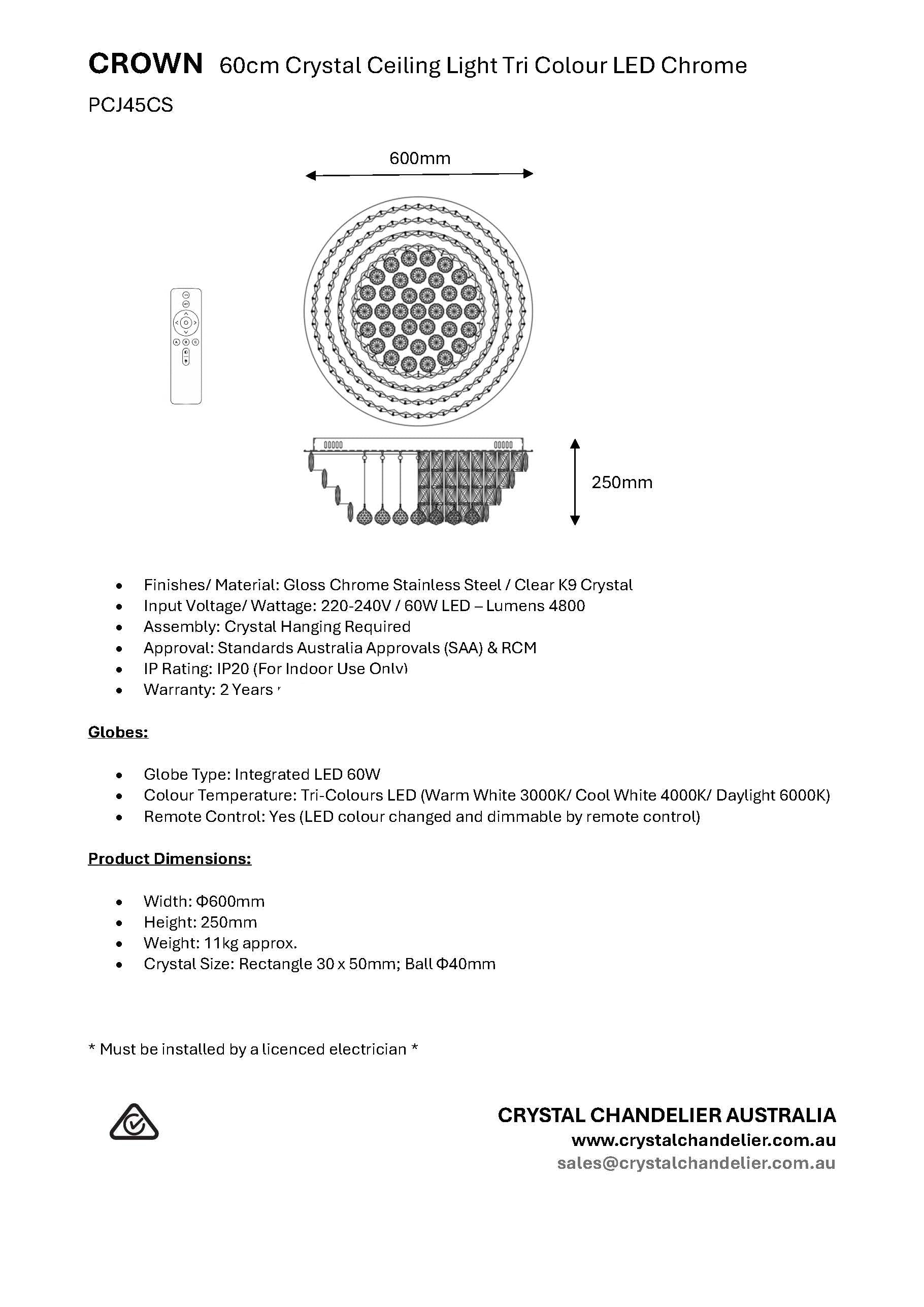 CROWN 60cm Crystal Ceiling Light Tri Colour LED Chrome