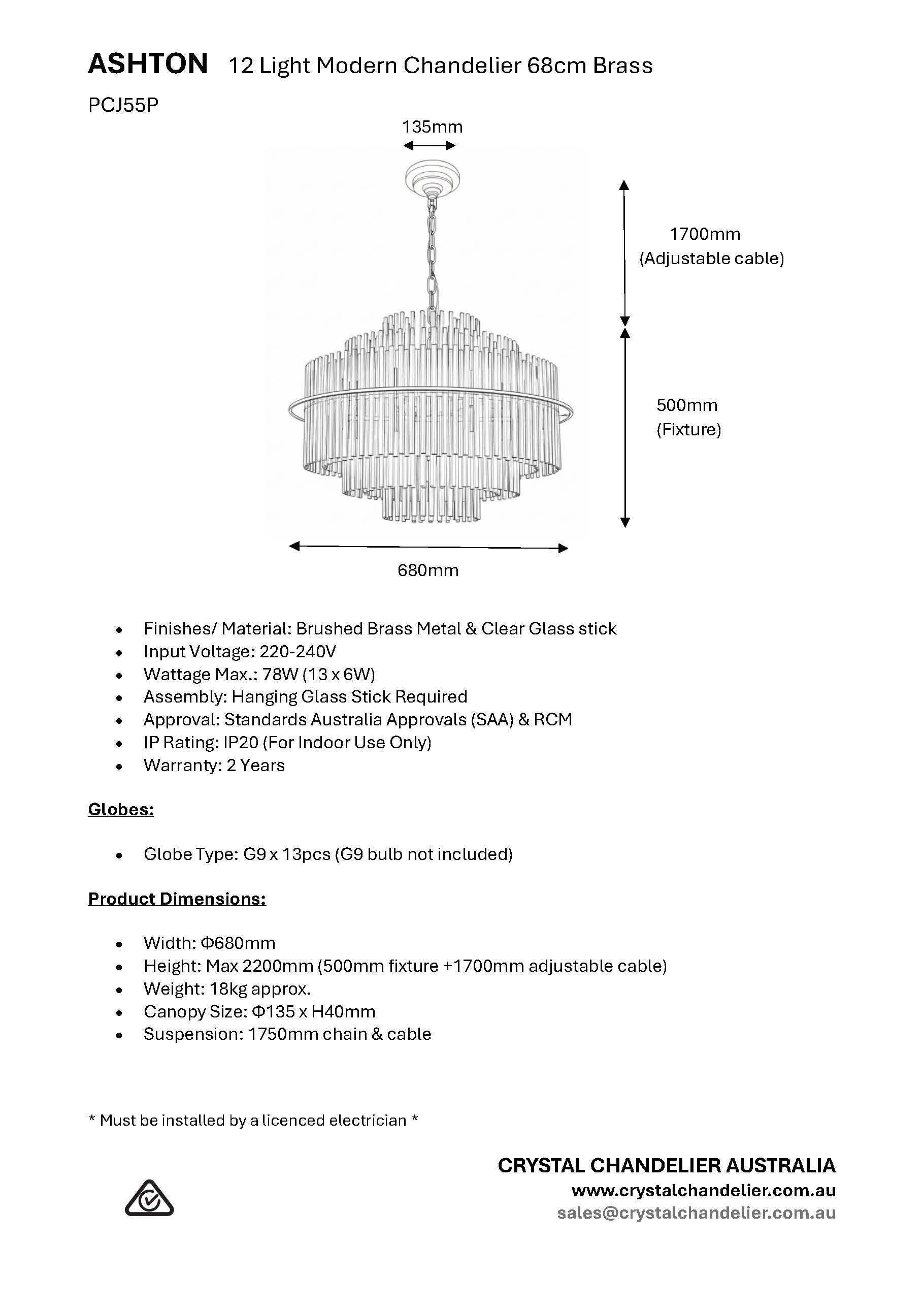 ASHTON 12 Light Modern Chandelier 68cm Brass
