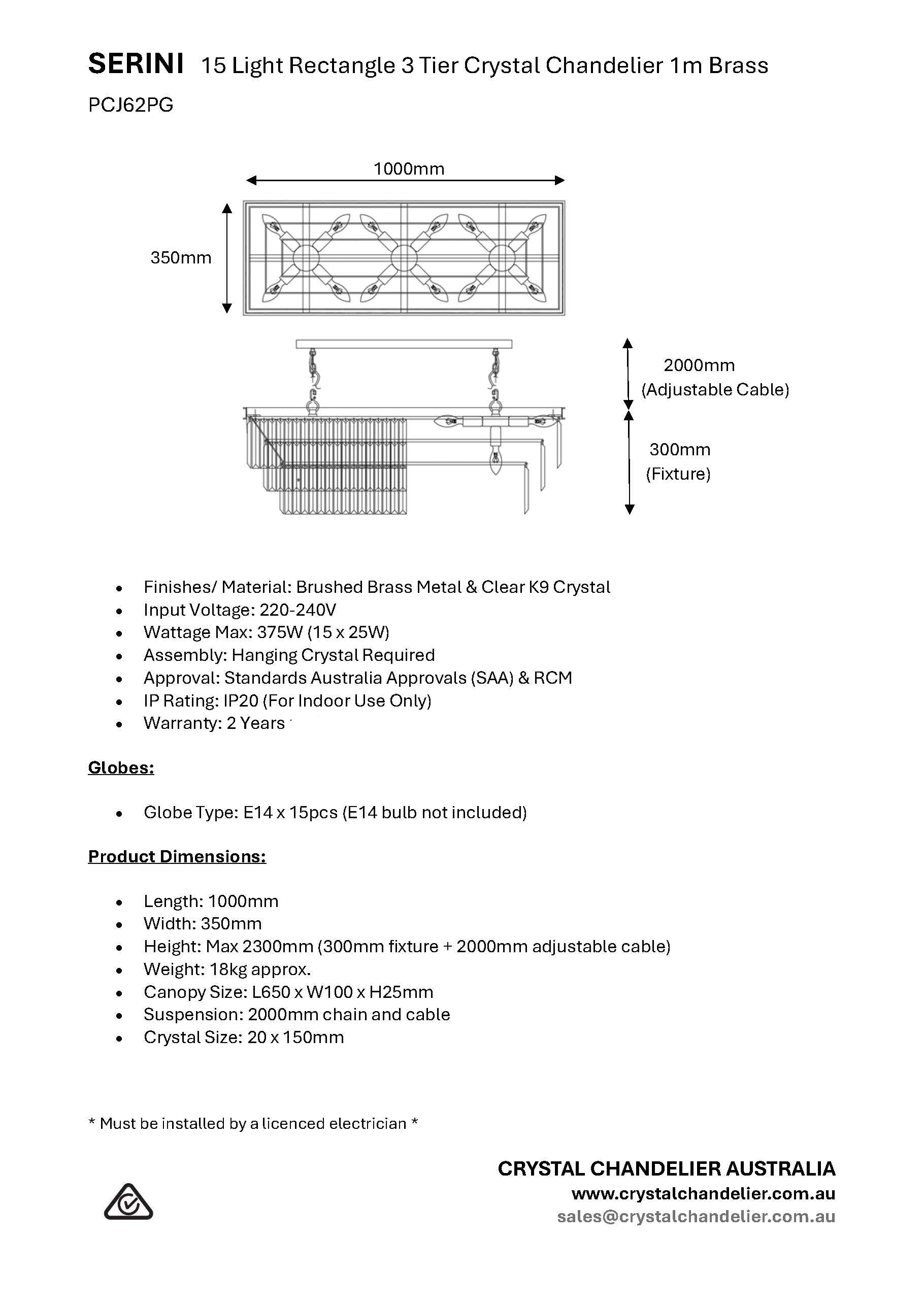 SERINI 15 Light Rectangle 3 Tier Crystal Chandelier 1m Brass