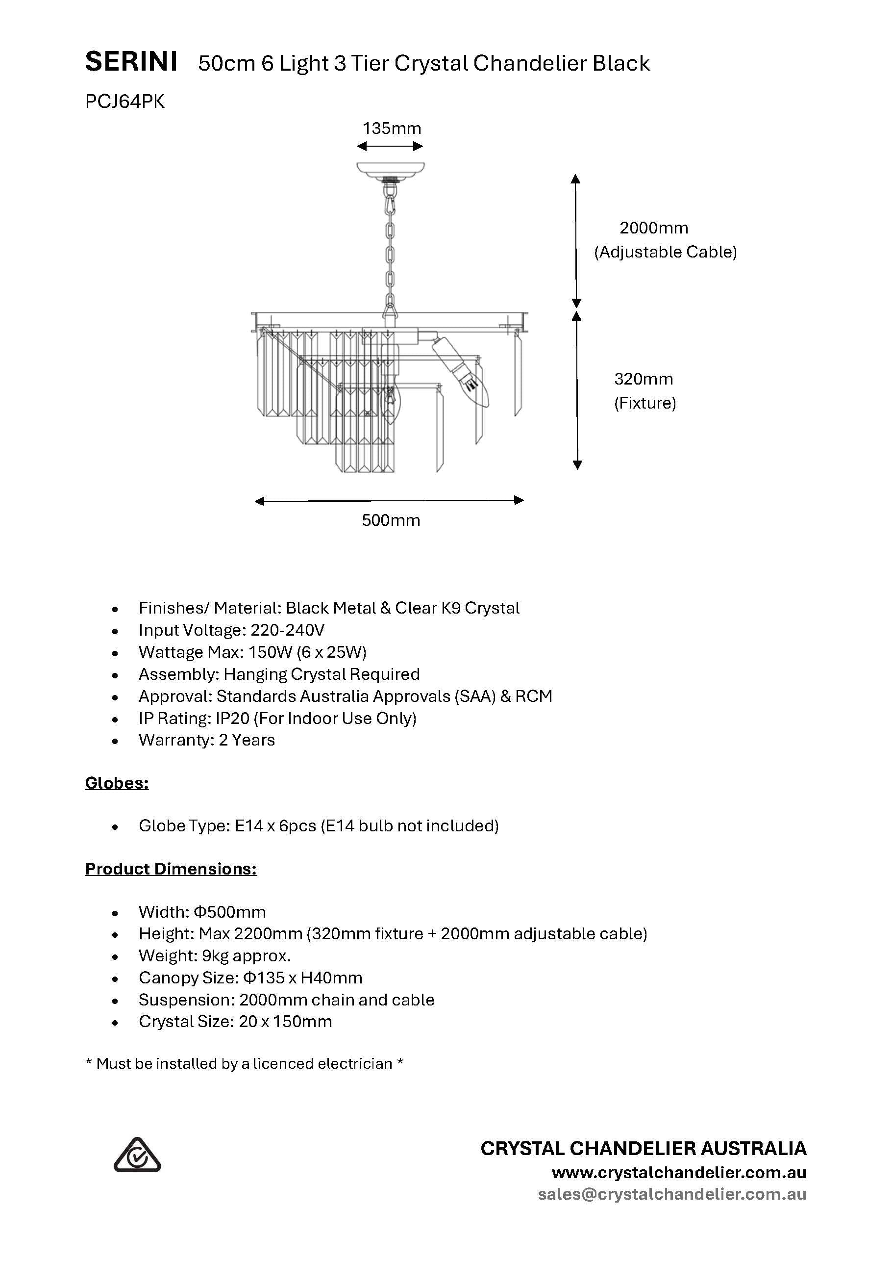 SERINI 50cm 6 Light 3 Tier Crystal Chandelier Black