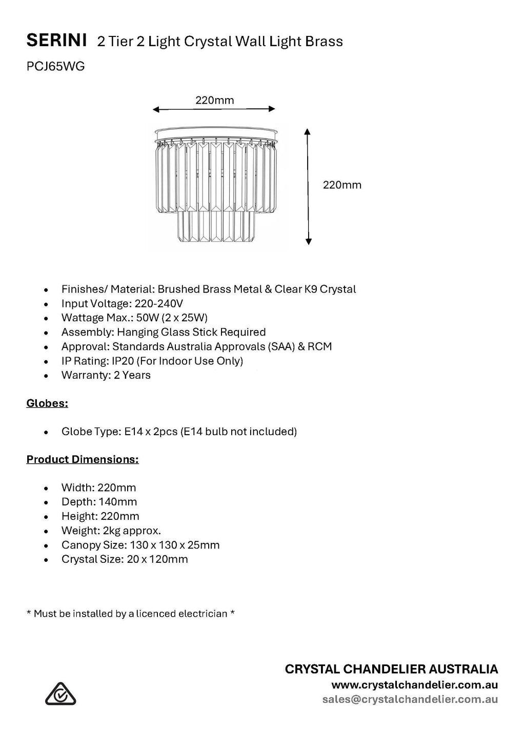 SERINI 2 Tier 2 Light Crystal Wall Light Brass – Crystal Chandelier ...