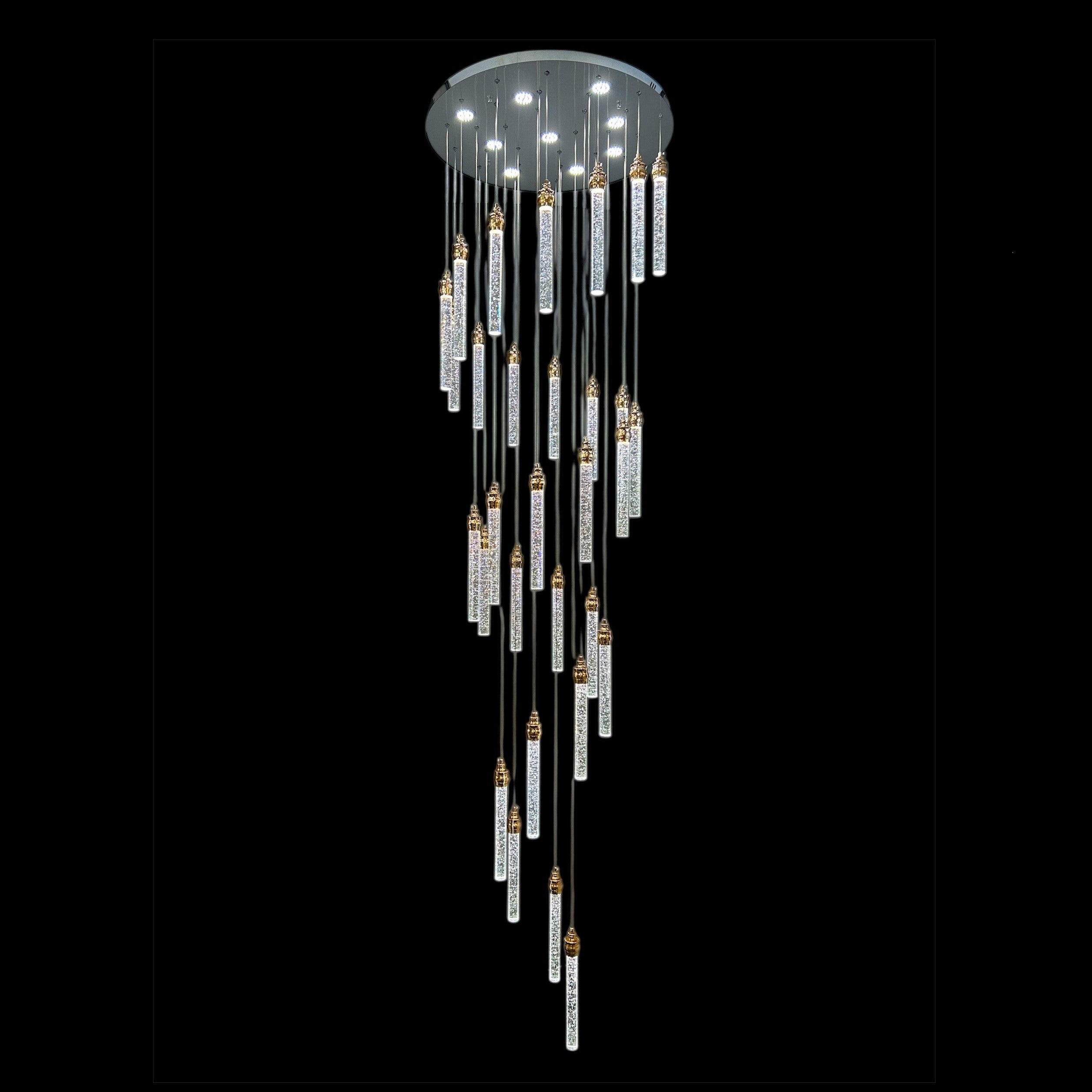 SPIRAL 30 Prism Crystal Pendant Chandelier Chrome Panel with 30 Gold Cups