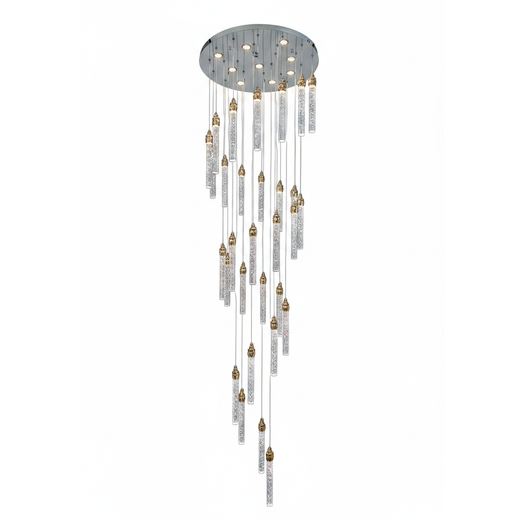 SPIRAL 30 Prism Crystal Pendant Chandelier Chrome Panel with 30 Gold Cups