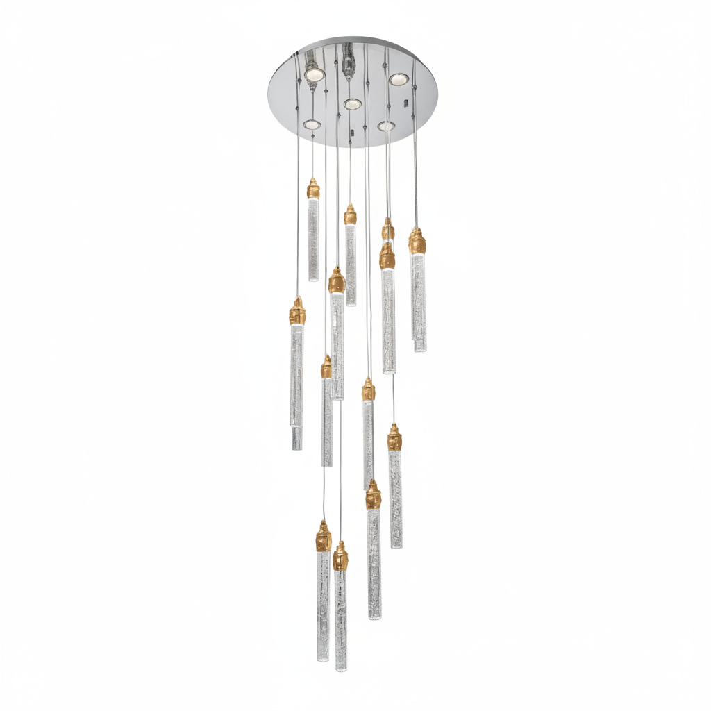 SPIRAL 15 Prism Crystal Pendant Chandelier Chrome Panel with 15 Gold Cups